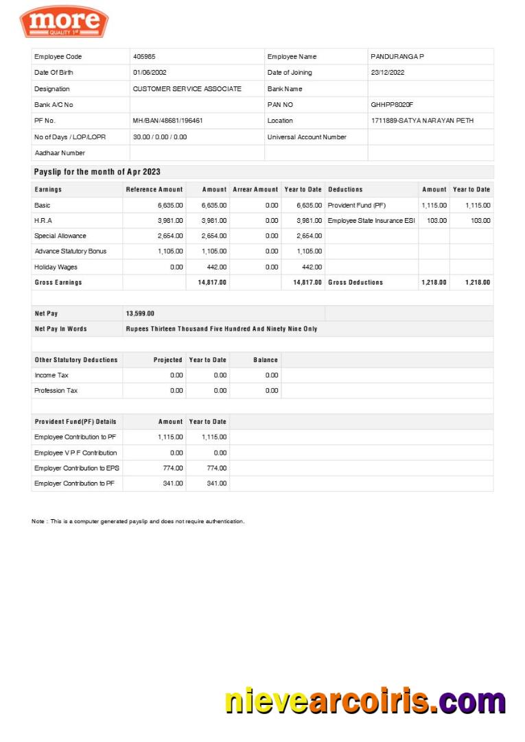 More Quality 1st grocery shop payslip